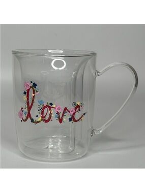 Double Wall Glass Love Heart Mug Clear Floral Print